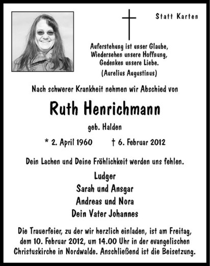 Todesanzeige f&uuml;r Ruth Henrichmann in den WESTF&Auml;LISCHEN NACHRICHTEN